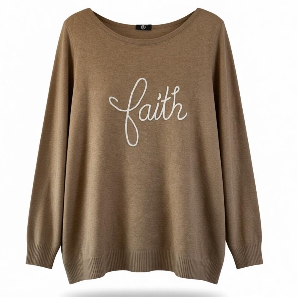 Rain + Rose Faith Graphic Sweater Oat Brown Angora Blend Long Sleeve Large NEW